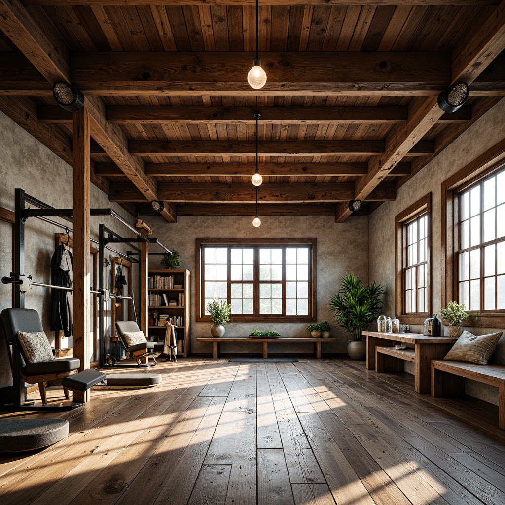 Prompt: Rustic home gym, distressed wood accents, metal beams, earthy color palette, vintage fitness equipment, industrial pendant lights, Edison bulbs, natural stone walls, reclaimed wood floors, large windows, soft warm lighting, shallow depth of field, 3/4 composition, panoramic view, realistic textures, ambient occlusion.