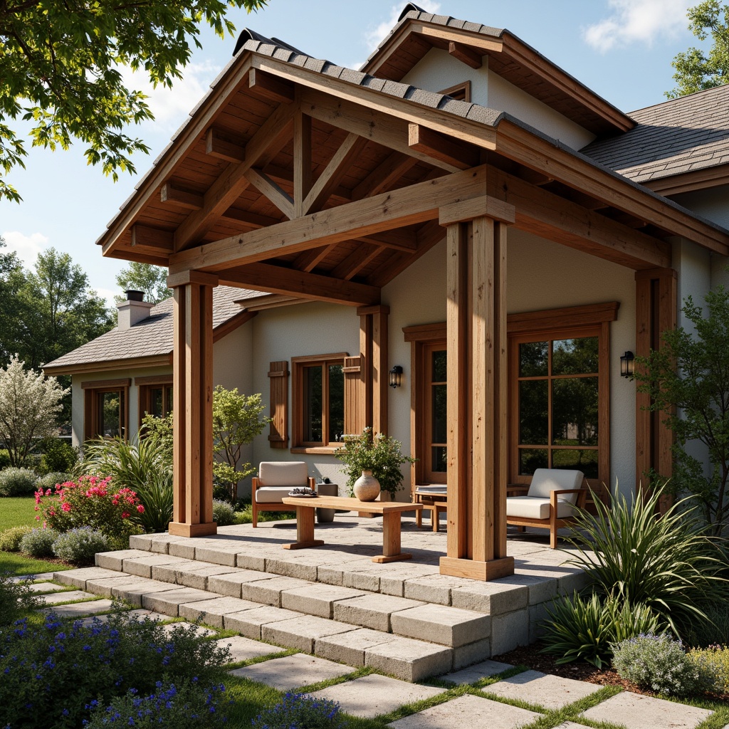 Prompt: Cozy porch, tapered columns, decorative trusses, exposed rafters, rich wood tones, natural stone foundation, earthy color palette, steeply pitched roof, overhanging eaves, double-hung windows, ornate metalwork, handcrafted wooden doors, rustic hardware, built-in cabinetry, ceramic tile roofing, lush greenery, blooming flowers, warm sunny day, soft warm lighting, shallow depth of field, 3/4 composition, realistic textures, ambient occlusion.