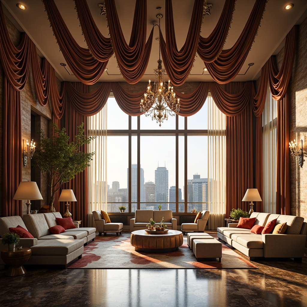 Prompt: Luxurious living room, opulent drapery, flowing silk curtains, ornate metal rods, geometric patterned valances, lavish tassels, rich velvet fabrics, metallic accents, chrome-plated hardware, sunburst motifs, zigzag designs, bold color schemes, dramatic lighting effects, floor-to-ceiling windows, crystal chandeliers, elegant sconces, highly polished marble floors, sophisticated urban views, late afternoon sunlight, soft warm glow, 1/1 composition, detailed textures, realistic reflections.