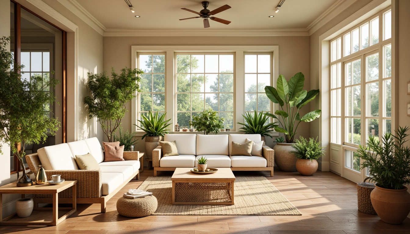 Prompt: Vibrant sunroom, bright natural light, warm beige walls, creamy white furniture, soft sage greenery, earthy terracotta pots, woven rattan textiles, rustic wooden accents, airy open space, lush potted plants, delicate glass vases, subtle bronze hardware, calming ambient atmosphere, gentle warm lighting, shallow depth of field, 1/1 composition, realistic textures, ambient occlusion.