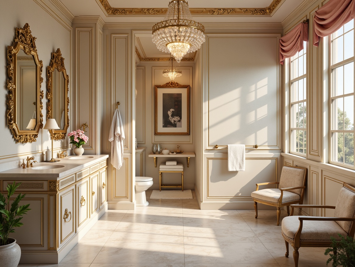 Prompt: Ornate powder room, soft pastel hues, delicate Rococo patterns, intricate carvings, gilded frames, ornamental mirrors, luxurious velvet fabrics, subtle sheen finishes, creamy marble countertops, ornate gold fixtures, dainty porcelain vases, lavish crystal chandeliers, warm golden lighting, shallow depth of field, 1/2 composition, soft focus, realistic textures, ambient occlusion.