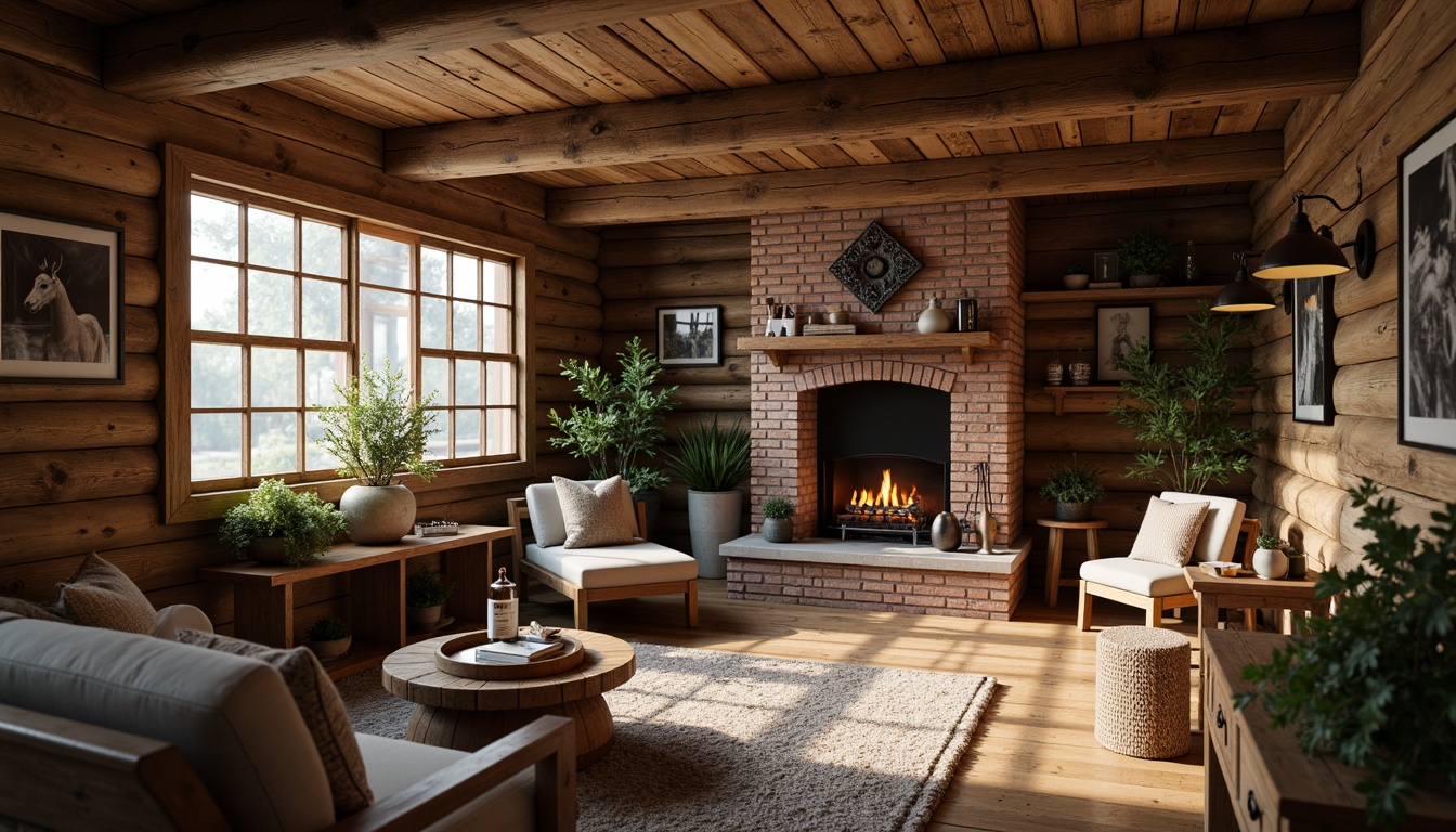 Prompt: Rustic wooden cabin, distressed wood planks, earthy tone walls, natural stone accents, rough-hewn beams, vintage metal decorations, worn brick textures, reclaimed wood furniture, cozy fireplace, warm ambient lighting, shallow depth of field, 1/1 composition, realistic wood grain, subtle color palette, organic material emphasis.