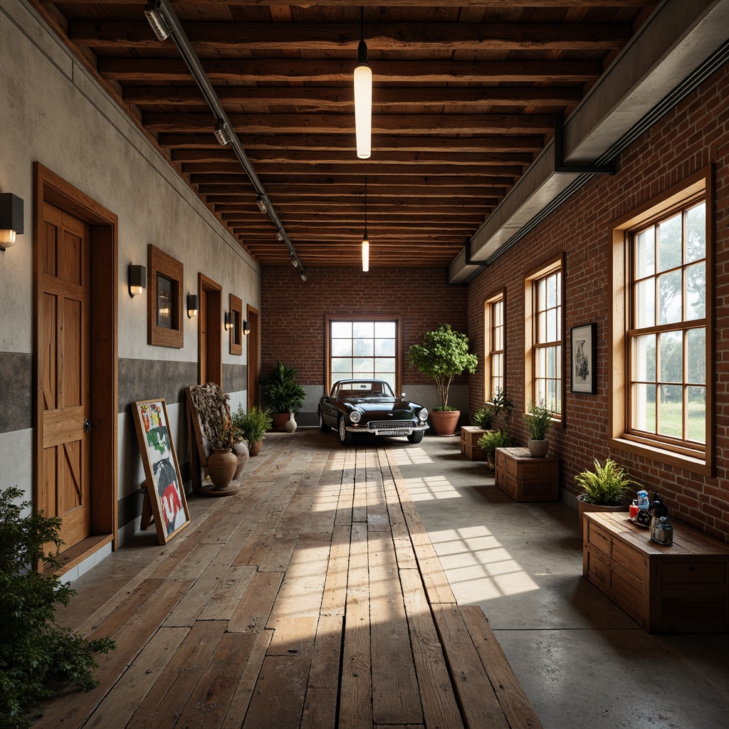 Prompt: Rustic garage interior, reclaimed wood flooring, distressed textures, earthy tones, concrete foundation, industrial metal accents, vintage car displays, exposed brick walls, Edison bulb lighting, wooden crates, natural stone pathways, earthy scent, warm soft lighting, shallow depth of field, 1/2 composition, realistic materials, ambient occlusion.