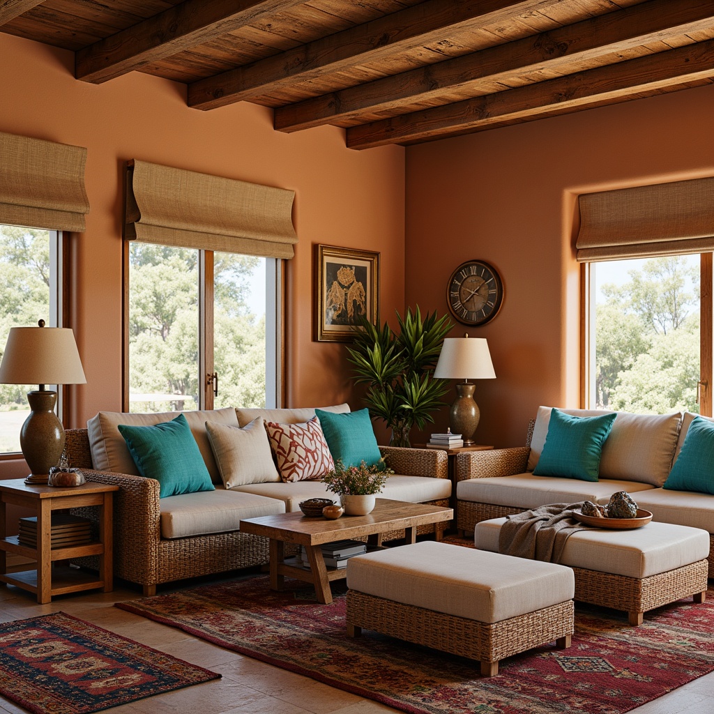 Prompt: Cozy southwestern family room, warm earthy tones, vibrant turquoise accents, plush sectional sofas, woven wicker furniture, rustic wooden coffee tables, colorful kilim throw pillows, geometric patterned rugs, natural fiber upholstery, soft warm lighting, shallow depth of field, 3/4 composition, panoramic view, realistic textures, ambient occlusion.