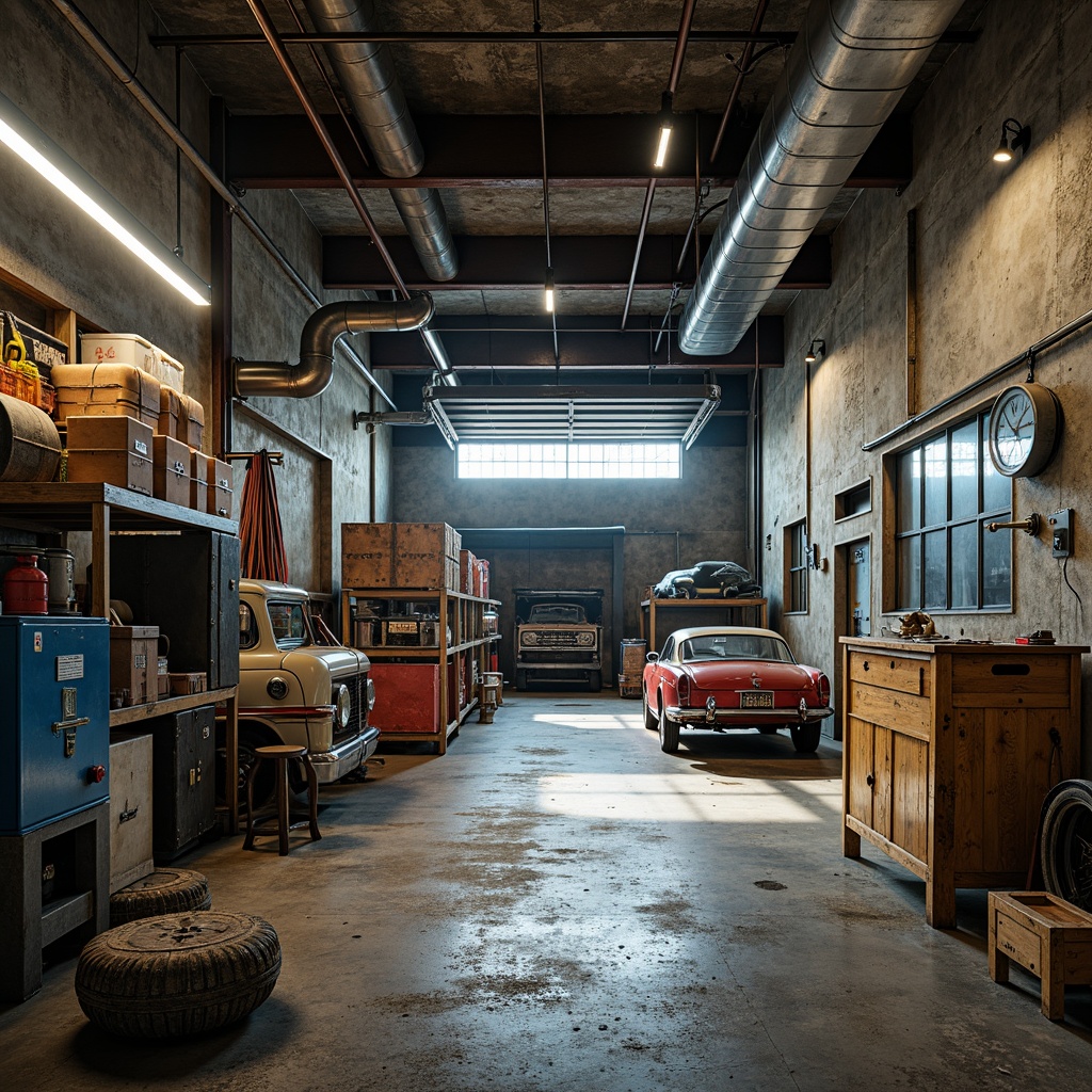 Prompt: Industrial garage interior, metallic machinery, rustic wooden crates, vintage car parts, distressed concrete floors, exposed ductwork, modern LED lighting, bold color accents, deep blues, rich reds, muted yellows, neutral grays, warm beige tones, natural textures, weathered metal surfaces, gritty urban atmosphere, high-contrast shadows, dramatic spotlights, 1/2 composition, low-angle shot, realistic renderings.