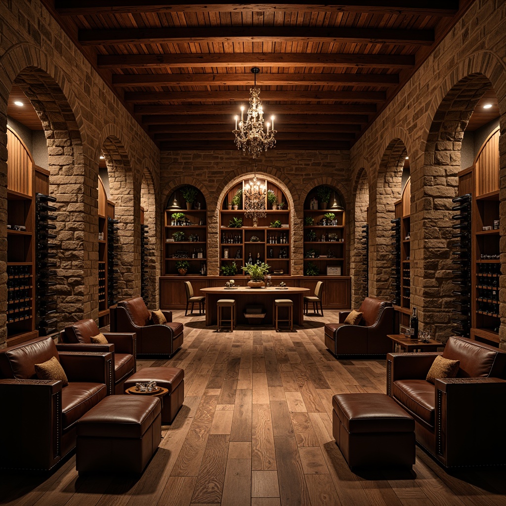 Prompt: Luxurious wine cellar, dark wood tone, rich leather furniture, dim warm lighting, stone walls, rustic brick arches, elegant chandeliers, premium hardwood flooring, reclaimed oak planks, distressed finishes, natural stone tiles, polished concrete surfaces, atmospheric shading, dramatic spotlights, 1/1 composition, shallow depth of field, realistic reflections.