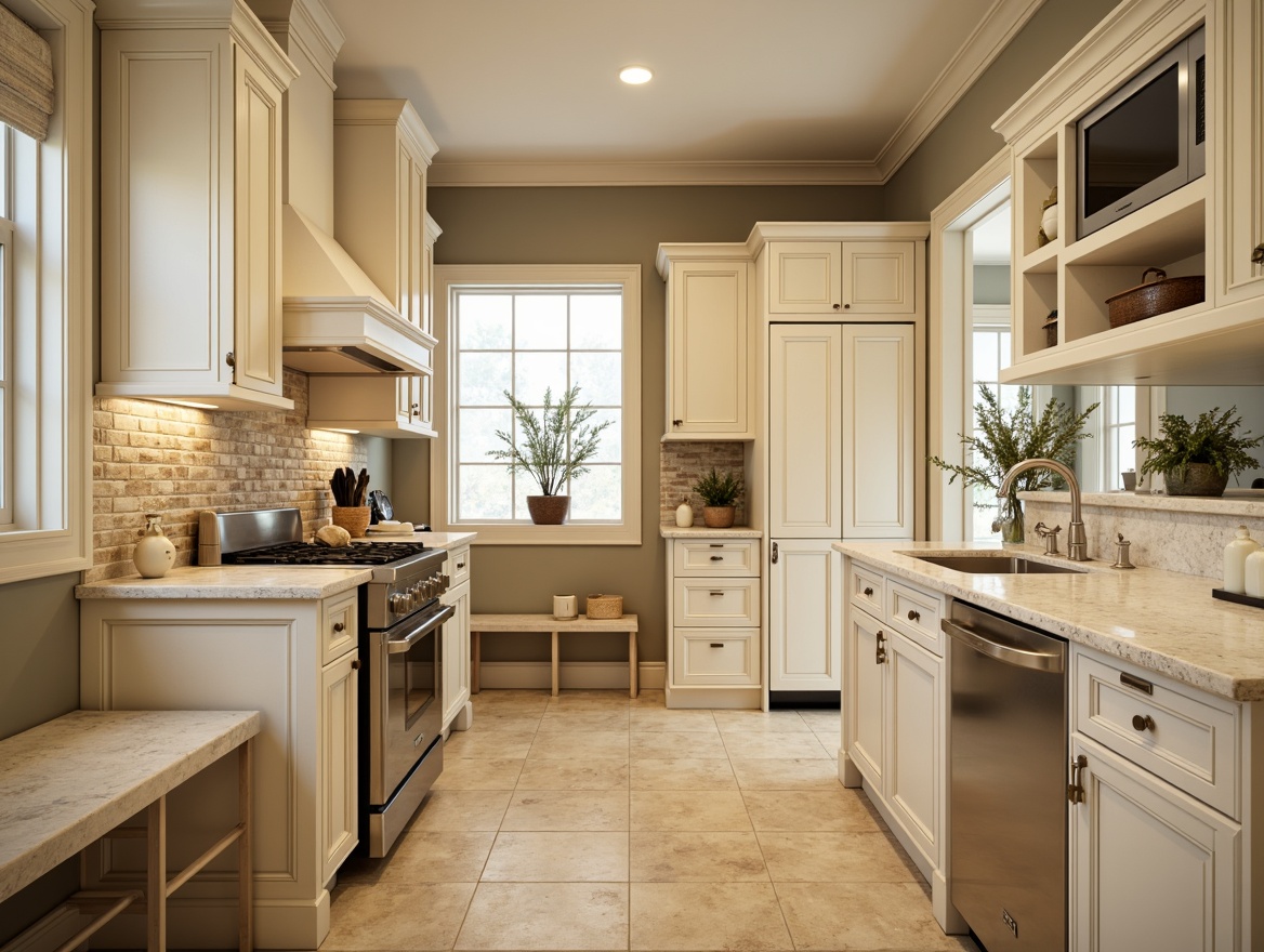 Prompt: Academic style kitchen, traditional cabinetry, ornate moldings, creamy white countertops, warm beige flooring, stainless steel appliances, modern gas range, built-in refrigerator, microwave oven, dishwasher, double sink, polished chrome fixtures, pendant lighting, natural stone backsplash, soft warm lighting, 3/4 composition, realistic textures, ambient occlusion.