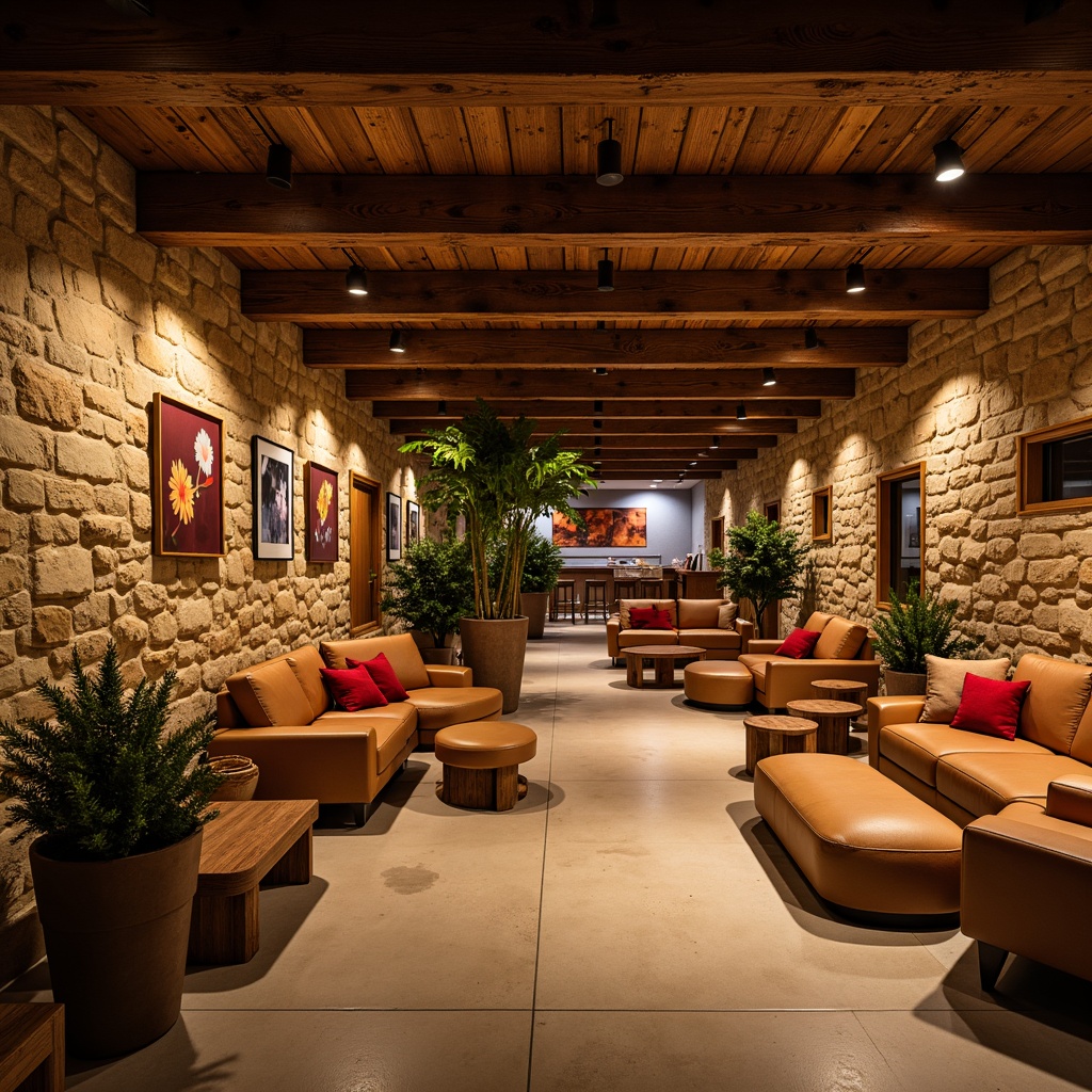 Prompt: Cozy basement, warm earthy tones, rich wood accents, soft golden lighting, comfortable seating areas, rustic stone walls, industrial metal beams, modern minimalist decor, neutral beige floors, vibrant pops of color, atmospheric ambient lighting, dramatic shadows, 1/1 composition, realistic textures, subtle gradient effects.