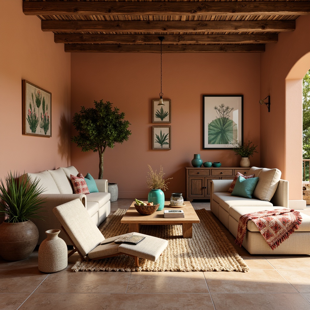 Prompt: Earthy southwestern interior, warm terracotta walls, rustic wooden accents, vibrant turquoise accessories, sandy beige flooring, woven jute rugs, natural linen upholstery, distressed leather furniture, geometric patterned textiles, desert botanical prints, soft warm lighting, shallow depth of field, 1/1 composition, realistic textures, ambient occlusion.