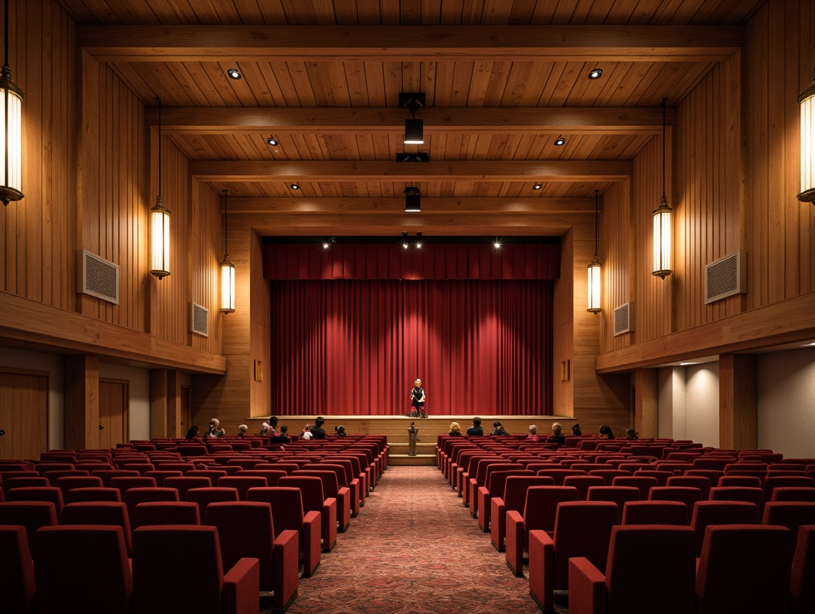 Prompt: Warm theater interior, Nordic minimalism, wooden accents, soft warm lighting, cozy atmosphere, subtle color palette, natural textiles, plush velvet seats, bronze fixtures, ornate chandeliers, grand stage, red curtains, dramatic spotlights, Nordic folk patterns, rustic wood tones, ambient occlusion, 1/2 composition, cinematic lighting, realistic shadows, soft focus blur.