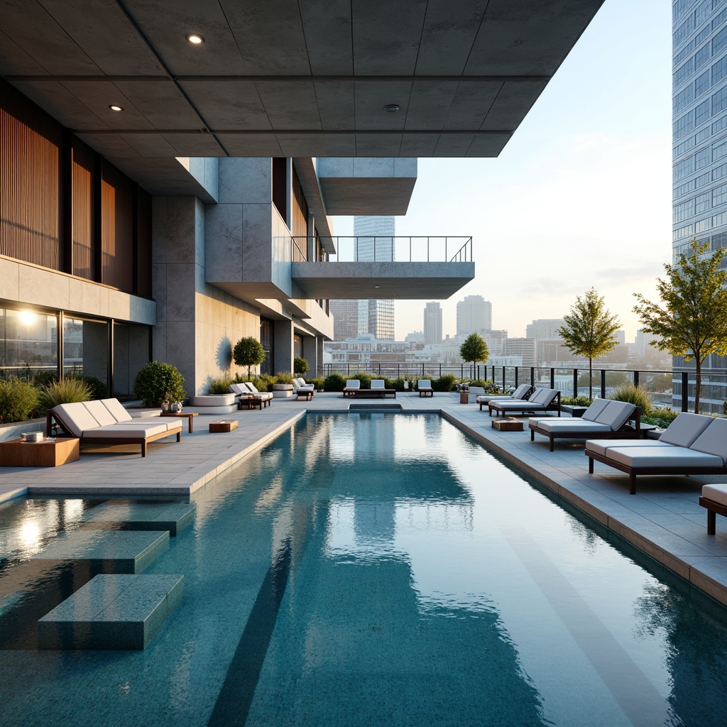 Prompt: Modernist swimming pool, sleek lines, minimalist design, concrete walls, steel beams, large windows, natural light, LED lighting, colorful accents, futuristic ambiance, warm glow, soft shadows, geometric patterns, Bauhaus-inspired architecture, urban landscape, city skyline, sunny day, clear blue sky, shallow water effects, rippling waves, gentle lapping sounds, 3/4 composition, panoramic view, realistic textures, ambient occlusion.