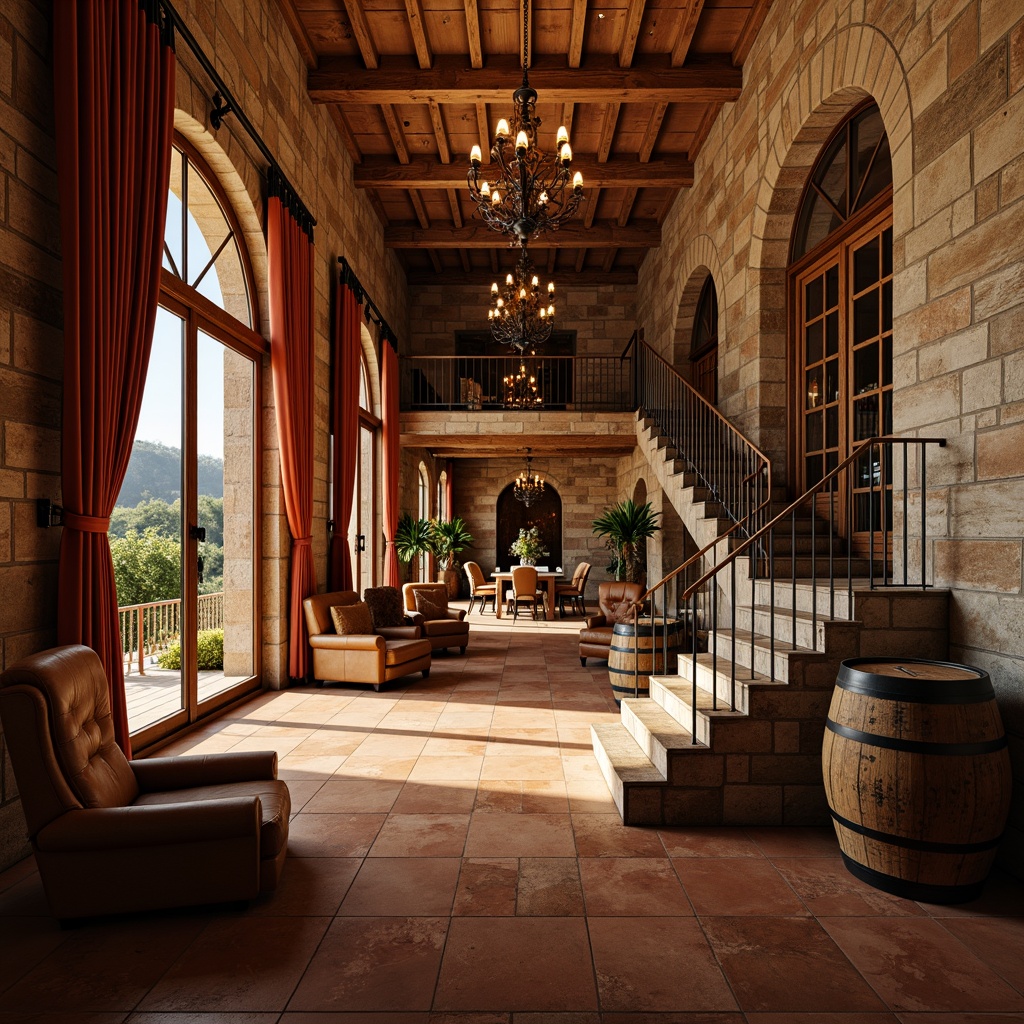 Prompt: Luxurious winery, rustic stone walls, ornate wooden doors, grand chandeliers, sweeping staircases, rich velvet drapes, warm terracotta flooring, distressed leather armchairs, vintage wine barrels, elegant archways, refined metalwork, earthy color palette, natural stonework, Renaissance-inspired ornamentation, soft golden lighting, dramatic ceiling heights, 1/1 composition, realistic textures, ambient occlusion.