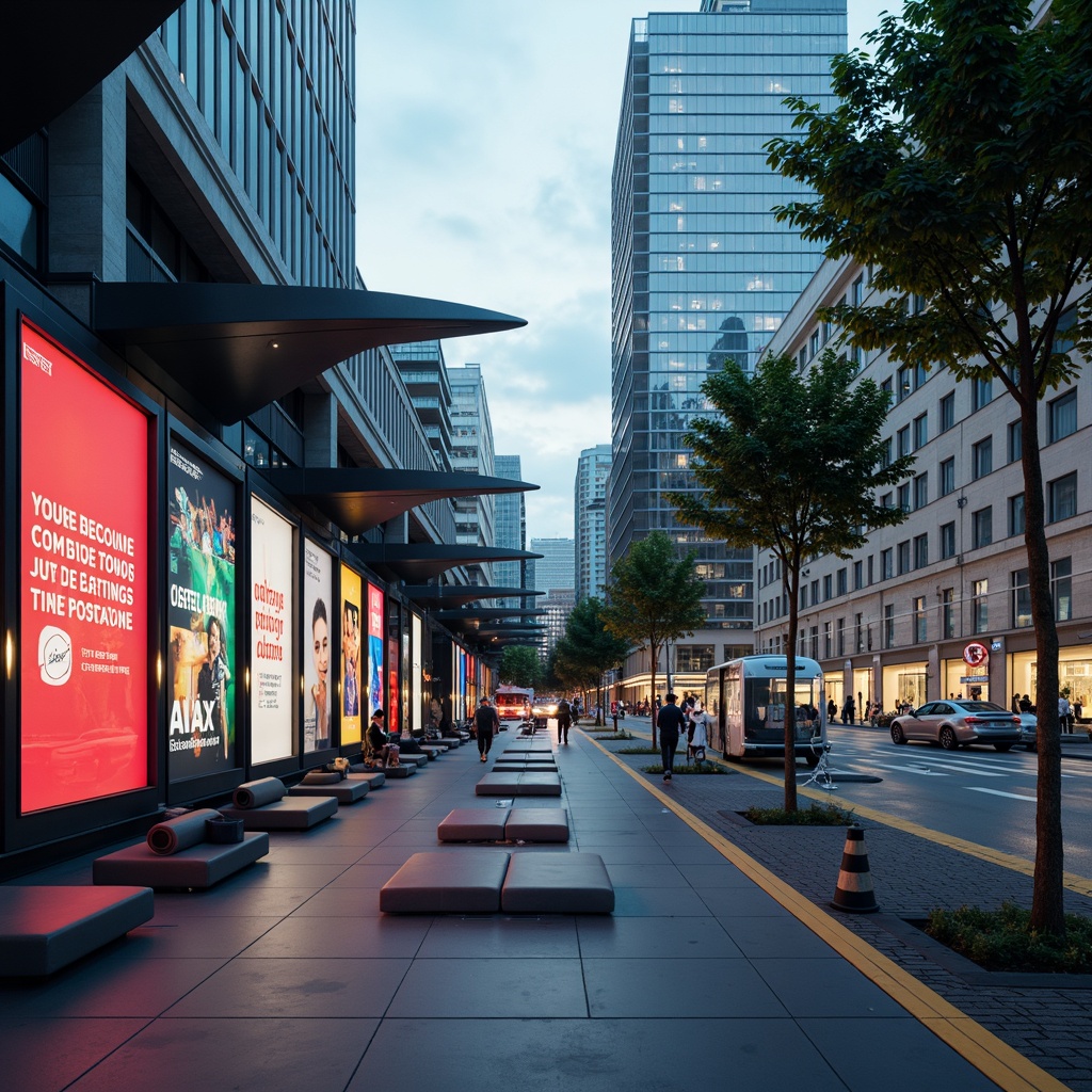 Prompt: Futuristic bus station, sleek metallic framework, vibrant neon lights, holographic advertisements, comfortable seating areas, ergonomic chairs, soft cushions, ambient LED lighting, minimalist design, innovative materials, eco-friendly furnishings, curved lines, geometric patterns, panoramic windows, urban cityscape, busy streets, modern skyscrapers, cloudy sky, warm afternoon light, shallow depth of field, 3/4 composition, realistic textures.