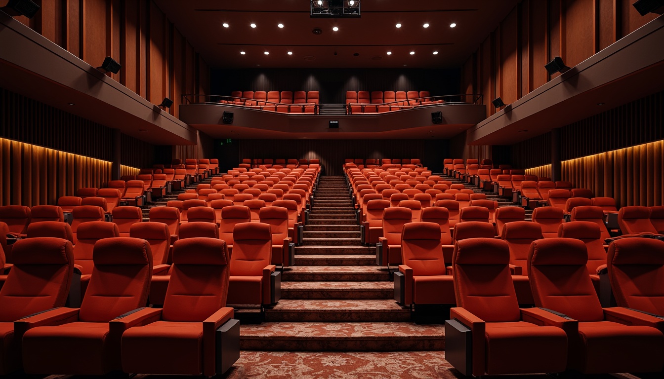 Prompt: Cozy auditorium, plush velvet seats, staggered row arrangement, optimal viewing angles, tiered seating levels, curved rows, central aisle, luxurious carpets, soft ambient lighting, warm color scheme, minimal distractions, immersive audio systems, high-definition screens, cinematic atmosphere, dramatic spotlights, comfortable legroom, ergonomic chair design, acoustic panels, sound-absorbing materials.