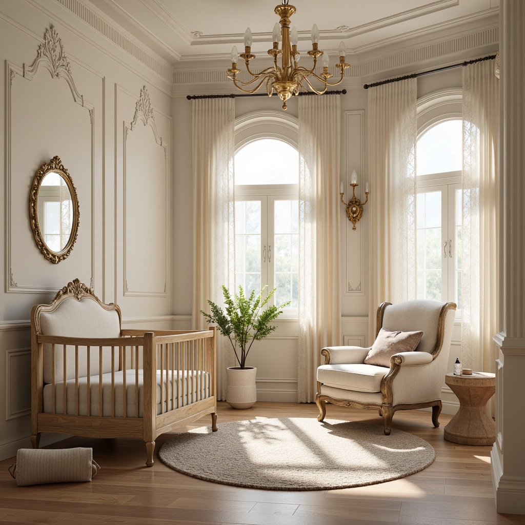 Prompt: Elegant baby room, ornate crib, intricately carved wooden furniture, soft velvet upholstery, creamy white walls, subtle gold accents, classic columns, arched windows, delicate lace curtains, plush area rug, gentle pastel colors, warm beige tones, sophisticated chandelier, refined oval mirror, antique-inspired hardware, luxurious fabrics, stately armchair, serene ambiance, softbox lighting, 1/2 composition, warm color palette.