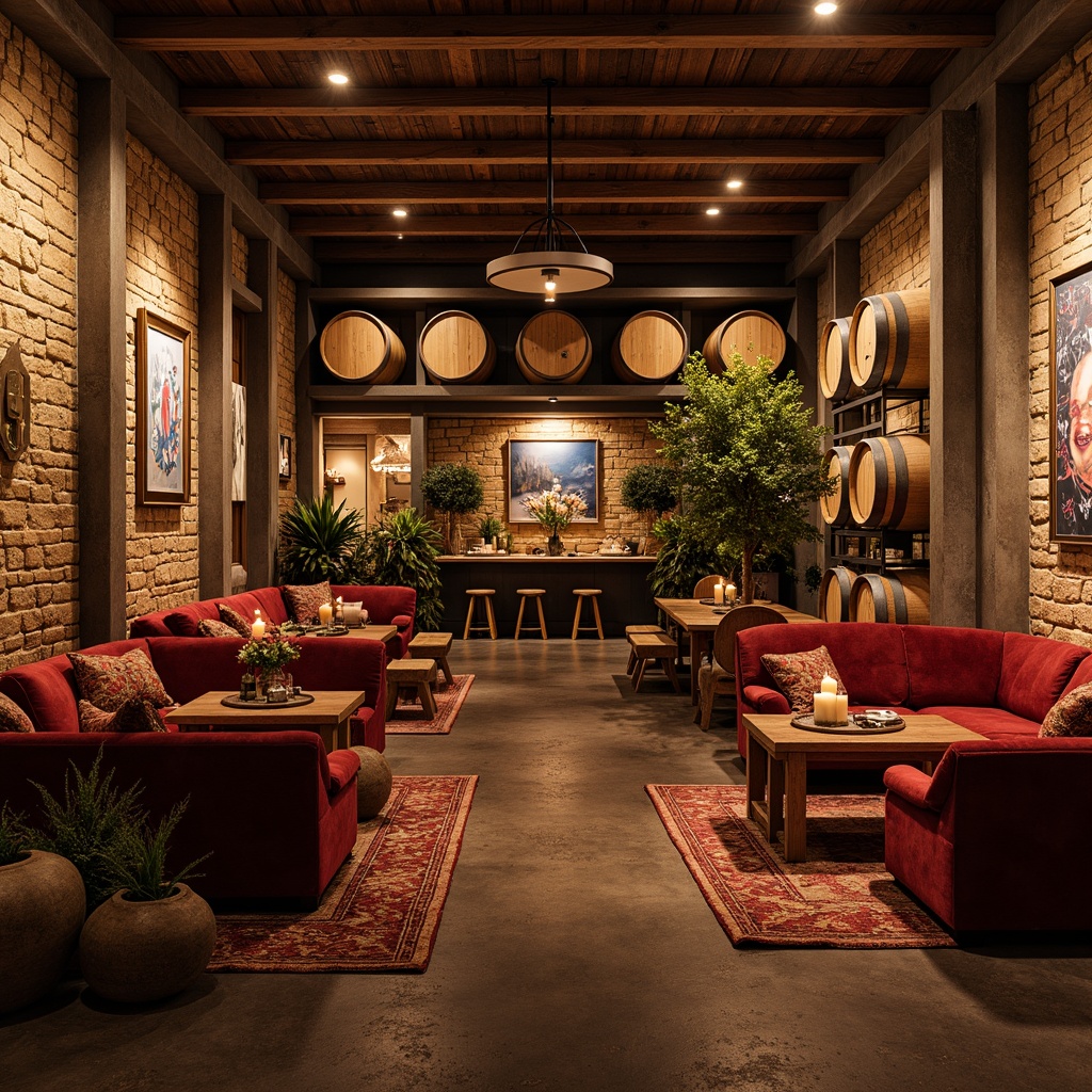 Prompt: Rustic winery interior, warm earthy tones, rich wood accents, vintage wine barrels, distressed stone walls, eclectic art pieces, plush velvet furniture, bold reds and burgundies, soft golden lighting, ornate metalwork, natural woven textiles, reclaimed wooden beams, industrial chic decor, cozy intimate spaces, dramatic high ceilings, ambient candlelight, warm atmospheric color palette.