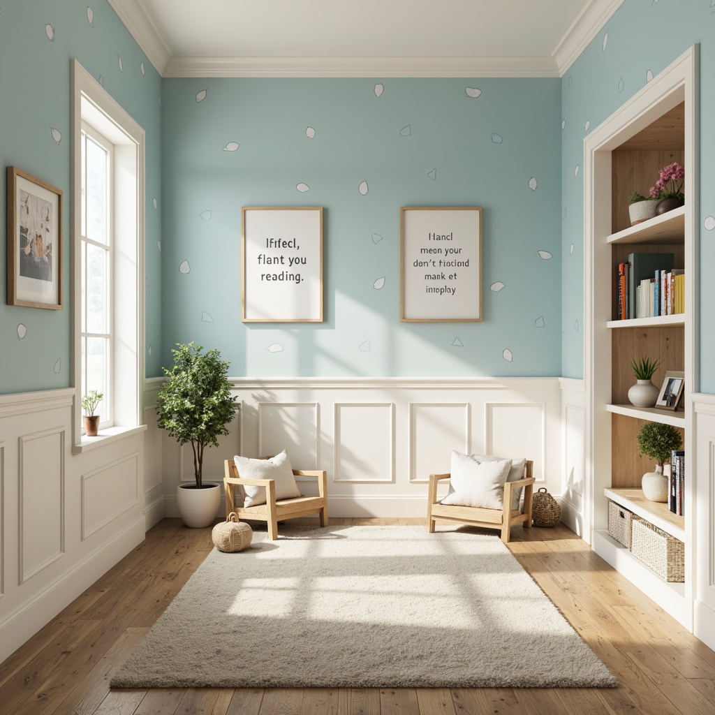 Prompt: Soft baby blue walls, creamy white trim, gentle wood tones, playful polka dots, educational charts, inspirational quotes, modern furniture designs, minimalist shelving units, cozy reading nooks, natural light pouring in, warm beige flooring, soft carpet textures, subtle texture variations, 1/1 composition, relaxed atmosphere, calming ambiance, serene color harmony.