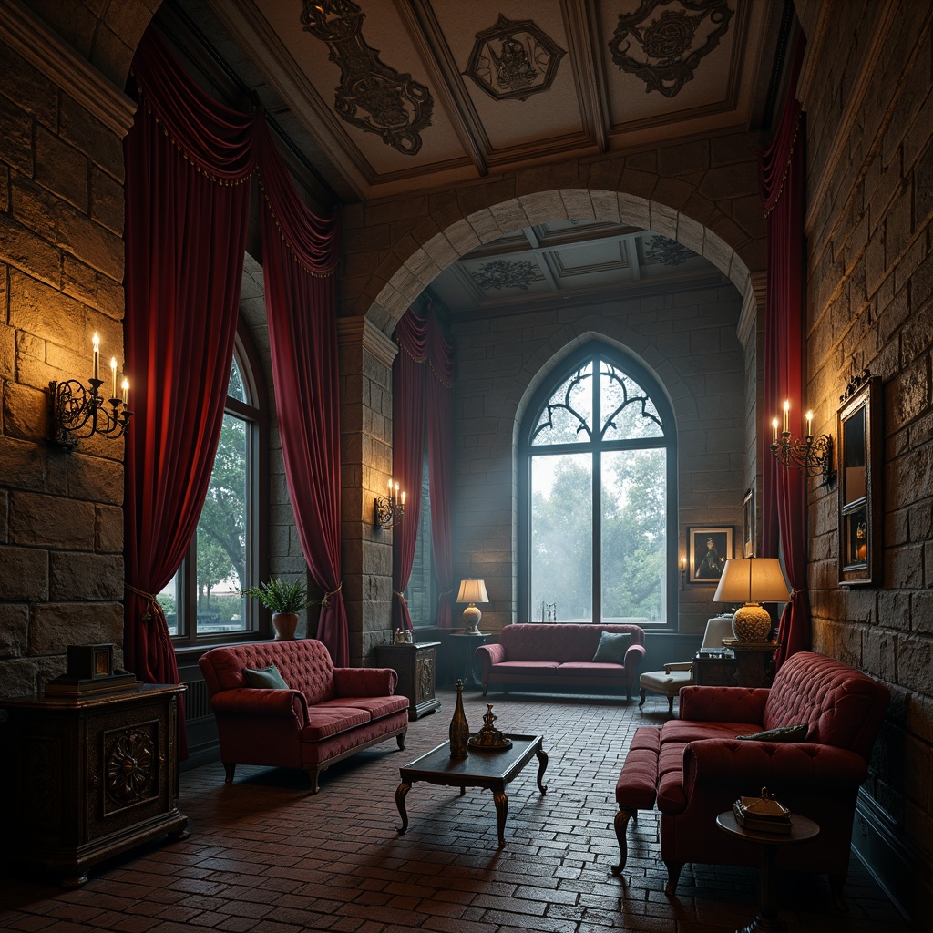 Prompt: Richly textured stone walls, ornate Gothic arches, mysterious dim lighting, luxurious velvet drapes, intricately carved wooden furniture, distressed metal accents, rustic brick floors, grand chandeliers, lavish tapestries, mystical candlelit ambiance, dramatic shadows, high contrast ratio, cinematic composition, atmospheric fog, 3/4 frame aspect, realistic normal mapping.