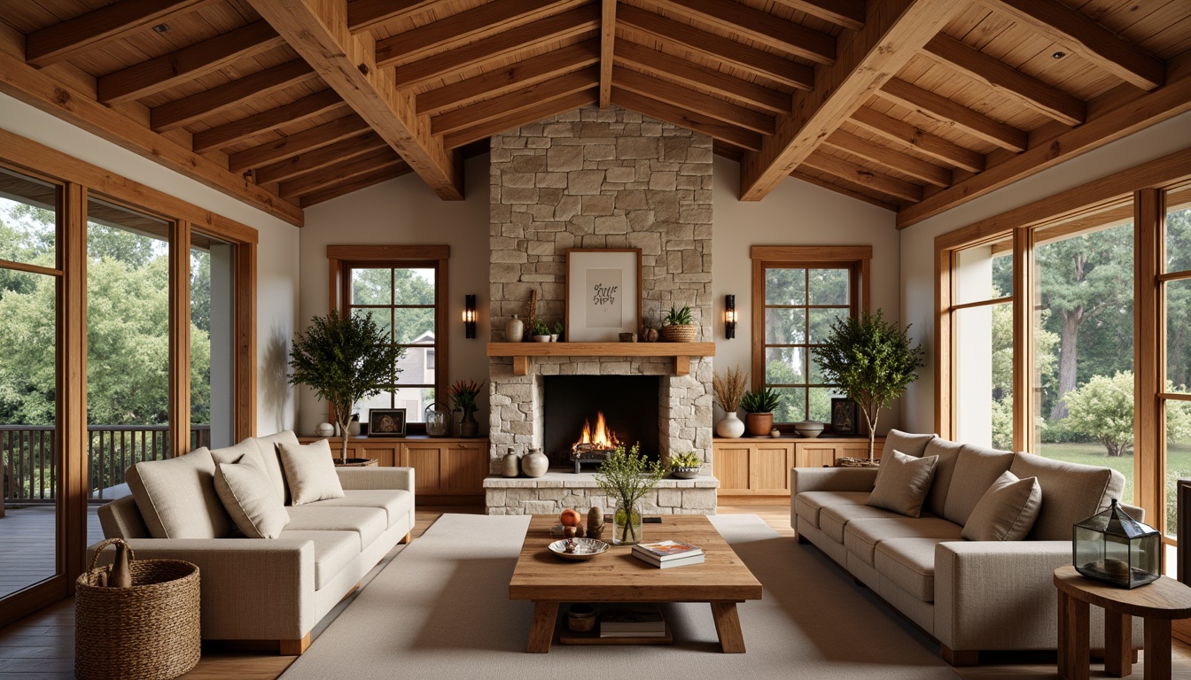 Prompt: Exposed wooden beams, natural wood tones, earthy color palette, cozy great room, craftsman style furniture, plush throw blankets, stone fireplace, warm lighting, comfortable seating area, rich textures, natural materials, open floor plan, high ceilings, rustic wooden accents, decorative trusses, inviting atmosphere, soft focus, shallow depth of field, 2/3 composition, realistic rendering.