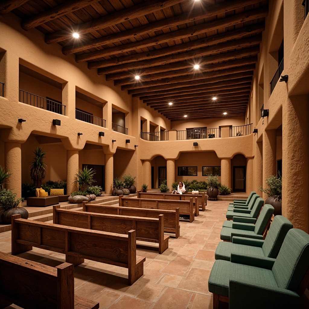 Prompt: Southwestern-style auditorium, rustic wooden seating, curved rows, warm earthy tones, vibrant turquoise accents, natural stonework, adobe-inspired architecture, high ceilings, exposed beams, dramatic lighting, soft warm glow, cozy atmosphere, intimate setting, 3/4 composition, shallow depth of field, panoramic view, realistic textures, ambient occlusion.