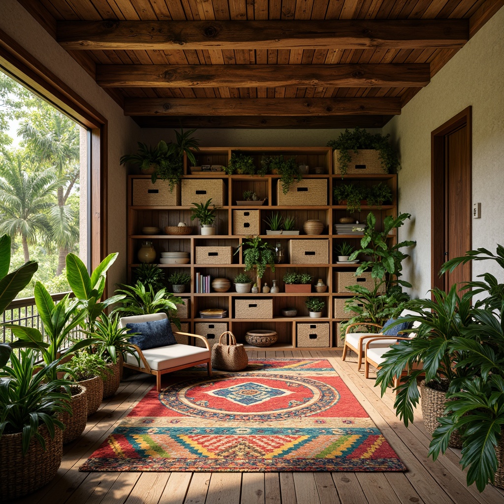 Prompt: Vibrant tropical storage room, exotic wooden crates, woven rattan baskets, colorful tribal patterns, lush greenery, natural textures, earthy tone walls, modern minimalist shelving, sleek metal accents, rustic wooden floors, warm soft lighting, shallow depth of field, 1/1 composition, panoramic view, realistic reflections, ambient occlusion.