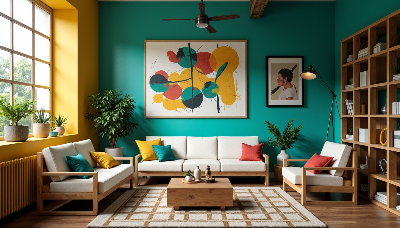 Prompt: Vibrant artistic studio, eclectic color scheme, rich turquoise walls, bold yellow accents, creamy white furniture, natural wood textures, geometric patterned rugs, abstract artwork, industrial metal lighting, warm atmospheric glow, shallow depth of field, 1/2 composition, soft focus, realistic brushstrokes.Let me know if you need any adjustments!