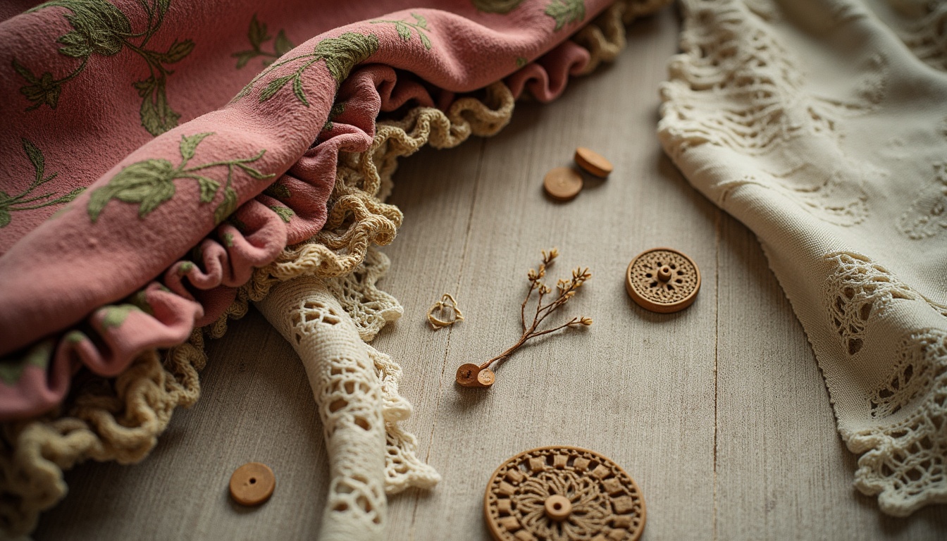 Prompt: Distressed velvet fabrics, soft pastel hues, worn linen textures, vintage lace trims, faded floral patterns, gentle ruffles, delicate crocheted doilies, antique tapestries, aged leather accents, rustic wooden buttons, whimsical embroidery, muted color palette, warm golden lighting, shallow depth of field, 1/1 composition, intimate atmosphere, romantic nostalgia.