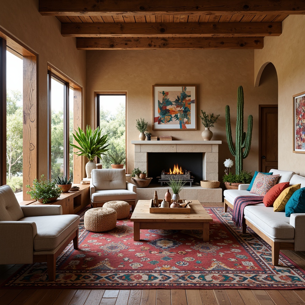 Prompt: Cozy Southwestern family room, vibrant Navajo-inspired textiles, patterned rugs, woven blankets, plush throw pillows, rustic wooden furniture, earthy tone walls, natural stone fireplace, warm soft lighting, comfortable seating area, lush greenery, desert botanicals, cactus plants, warm beige colors, turquoise accents, geometric patterns, tribal prints, woven baskets, natural fibers, organic textures, shallow depth of field, 1/1 composition, intimate atmosphere.