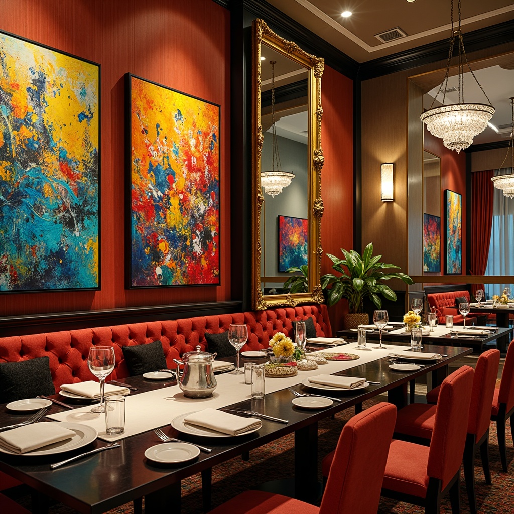 Prompt: Vibrant dining room, abstract expressionist artwork, bold brushstrokes, rich colors, textured canvases, eclectic furniture, luxurious fabrics, ornate mirrors, crystal chandeliers, elegant table settings, fine china, polished silverware, warm ambiance, soft candlelight, 3/4 composition, shallow depth of field, realistic textures, ambient occlusion.