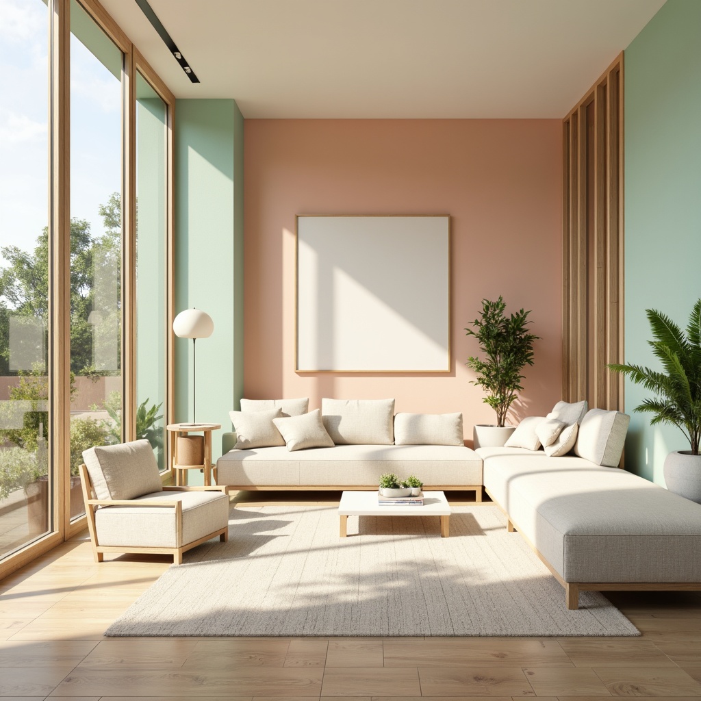 Prompt: \Pastel-colored modern interior design, soft peach walls, calming mint green accents, creamy white furniture, natural wood textures, minimal ornamentation, floor-to-ceiling windows, abundant natural light, airy atmosphere, warm beige floors, subtle gradient effects, gentle color transitions, soothing ambiance, relaxing mood, 1/1 composition, shallow depth of field, soft focus, realistic reflections.\