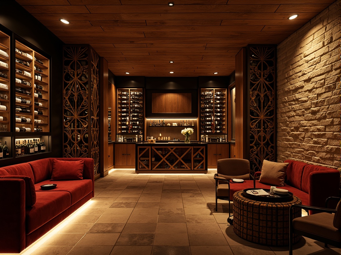 Prompt: Luxurious wine cellar, rich wood tones, warm earthy colors, deep reds, velvety blacks, soft golden lighting, elegant stone walls, rustic wooden crates, sophisticated metal racks, ambient dim lighting, cozy intimate atmosphere, refined modern design, sleek glass doors, ornate wooden furniture, subtle texture variations, realistic reflections, shallow depth of field, 1/1 composition.