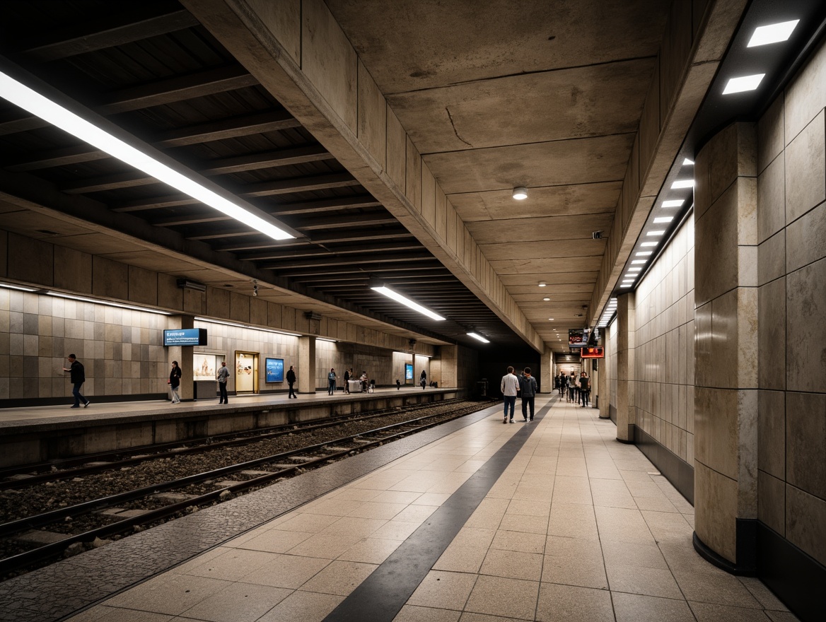 Prompt: Urban metro station, concrete walls, steel beams, industrial lighting, glossy tiles, metallic accents, granite floors, rough stone surfaces, modern architecture, bustling crowd, rush hour atmosphere, warm ambient lighting, shallow depth of field, 1/1 composition, realistic textures, ambient occlusion, urban soundscape.