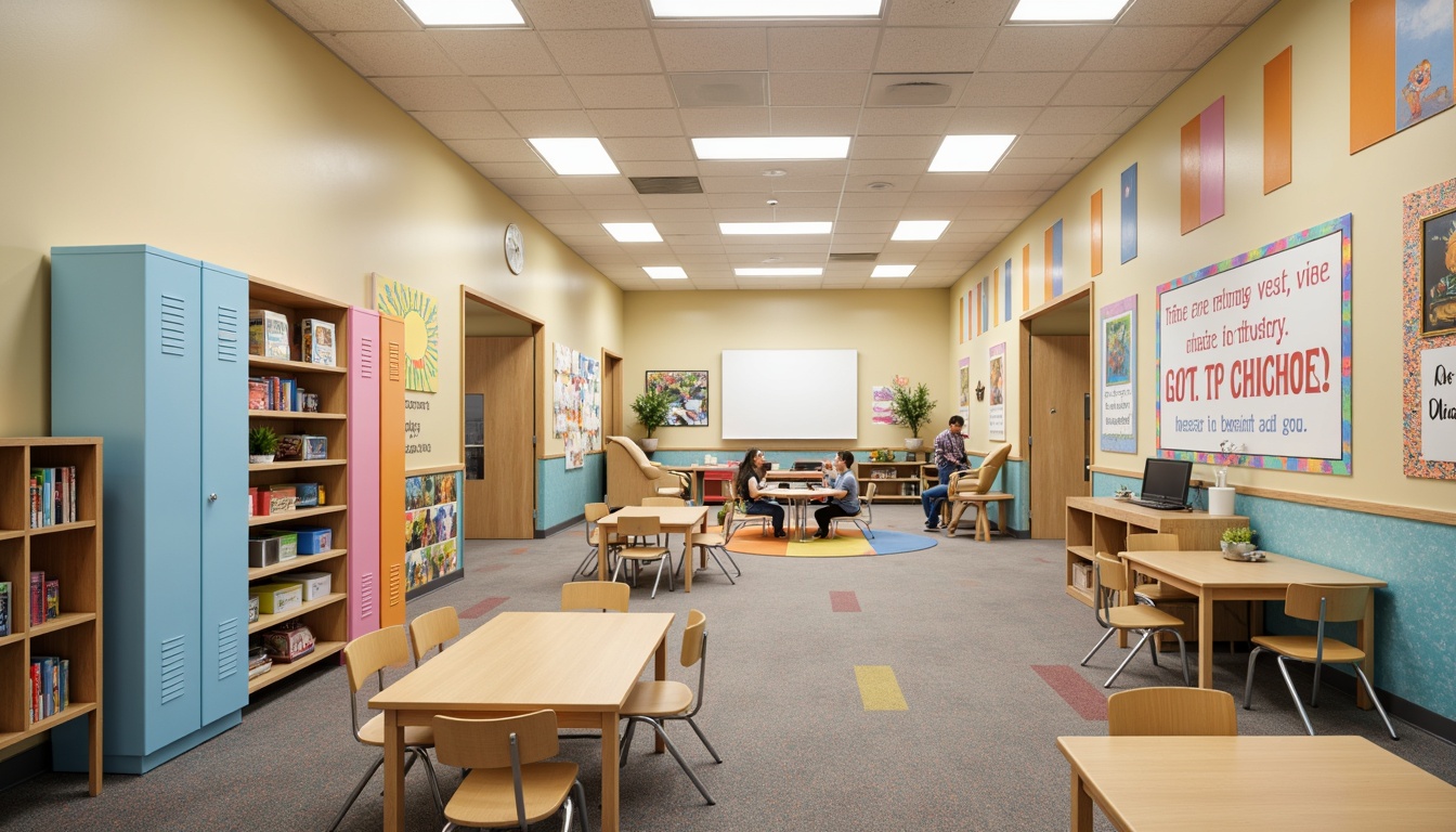 Prompt: Vibrant elementary school interior, bright corridors, cheerful classrooms, playful murals, educational graphics, colorful lockers, wooden desks, ergonomic chairs, interactive whiteboards, cozy reading nooks, soft carpeted floors, calming pastel colors, warm beige walls, stimulating accent walls, inspirational quotes, fun geometric patterns, lively polka dots, energetic stripes, creative art displays, natural daylight, softbox lighting, 1/1 composition, shallow depth of field, realistic textures.