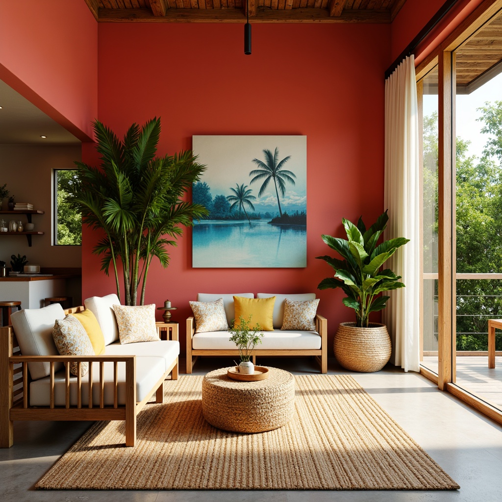 Prompt: Vibrant tropical interior, bright coral walls, lush greenery accents, warm wooden furniture, rattan textures, natural fiber rugs, ocean-inspired blues, sunny yellow hues, creamy whites, exotic patterned fabrics, palm tree silhouettes, bamboo details, airy open spaces, large windows, sliding glass doors, natural light pouring in, soft warm ambiance, 3/4 composition, realistic textures, ambient occlusion.