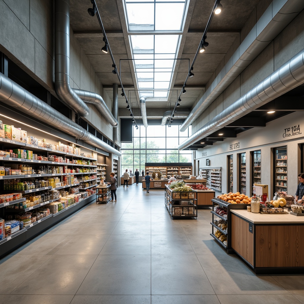 Prompt: Sleek grocery store interior, minimalist shelving units, neutral color palette, industrial-style lighting fixtures, exposed ductwork, polished concrete floors, sparse product displays, modern refrigeration systems, LED strip lights, recessed ceiling lights, simple signage, stainless steel accents, natural light pouring in through clerestory windows, airy atmosphere, subtle shadows, 1/1 composition, softbox lighting effect.