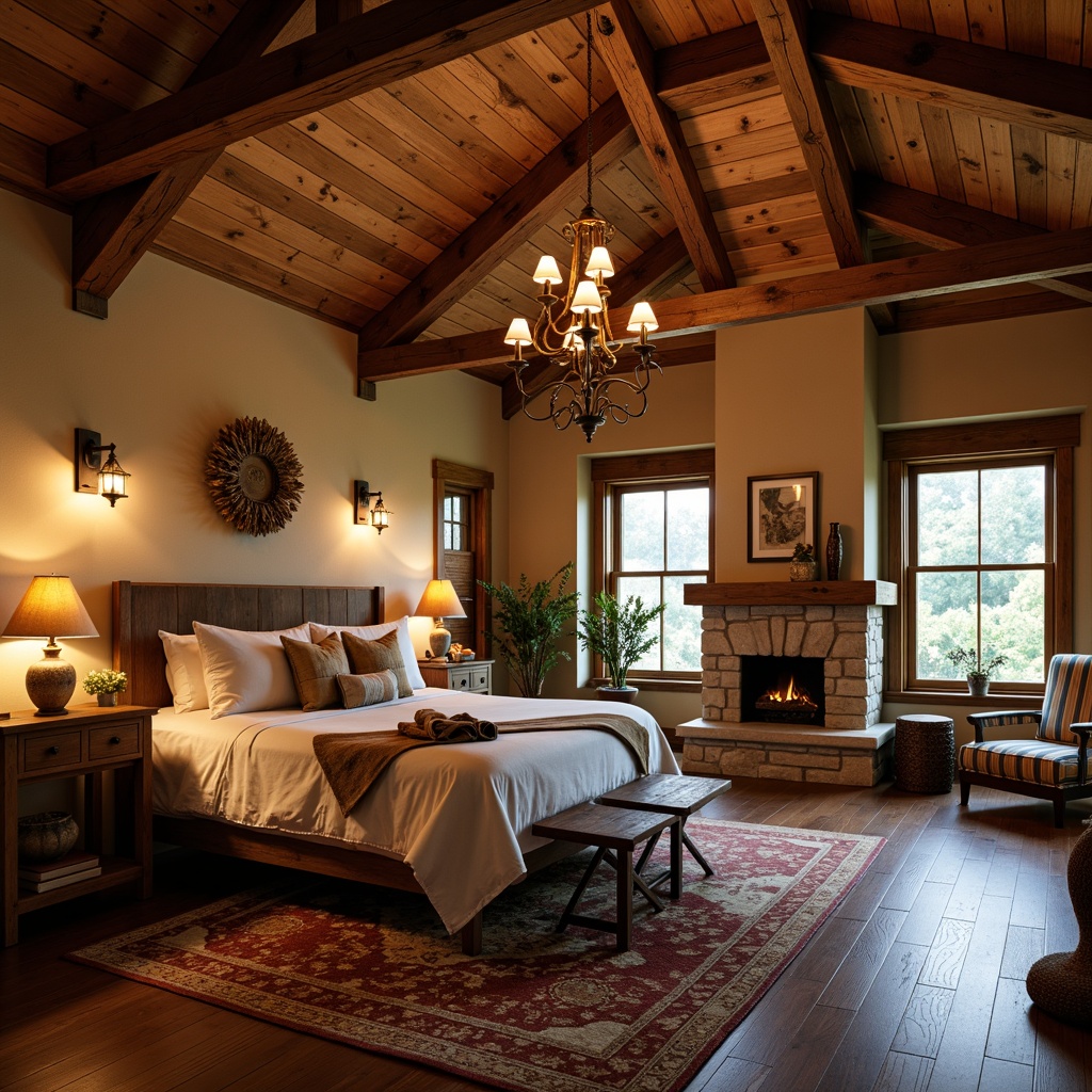 Prompt: Rustic craftsman bedroom, wooden beam ceiling, earthy tone walls, warm ambient lighting, wrought iron chandeliers, pendant lanterns, bronze sconces, candle-like fixtures, distressed wood furniture, natural fiber rugs, stone fireplace, cozy reading nook, soft box lighting, 1/1 composition, shallow depth of field, warm color temperature, realistic textures.