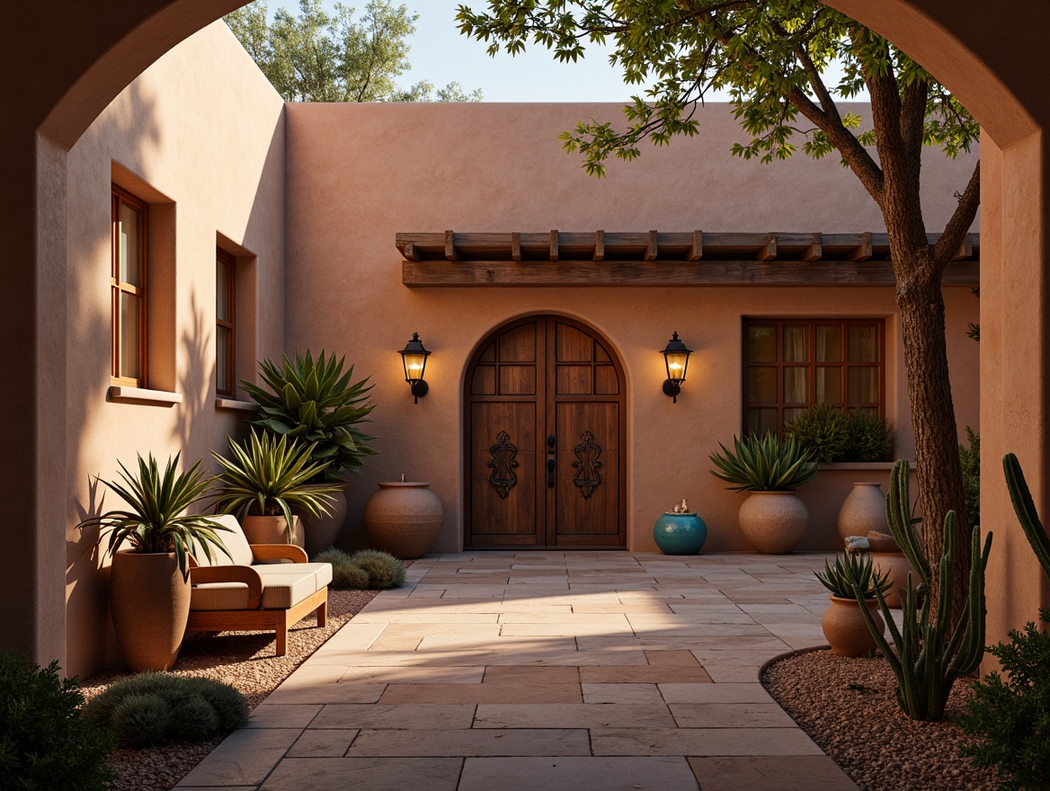 Prompt: Warm monastery courtyard, southwestern adobe architecture, rustic wooden doors, ornate ironwork, vibrant turquoise accents, soft warm lighting, golden hour glow, lantern-style lamps, candlelit ambiance, natural stone floors, earthy terracotta pottery, desert botanicals, cacti and succulents, serene atmosphere, shallow depth of field, 1/1 composition, realistic textures, ambient occlusion.