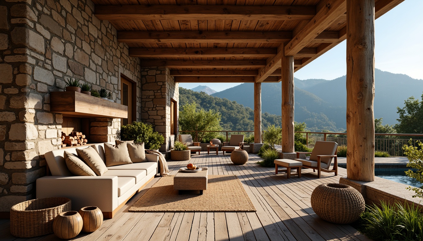 Prompt: Rustic villa, wooden accents, exposed beams, earthy tones, natural stone walls, wooden flooring, cozy fireplace, plush furnishings, vintage decorations, scenic mountain views, lush greenery, sunny afternoon, warm soft lighting, shallow depth of field, 2/3 composition, realistic textures, ambient occlusion.