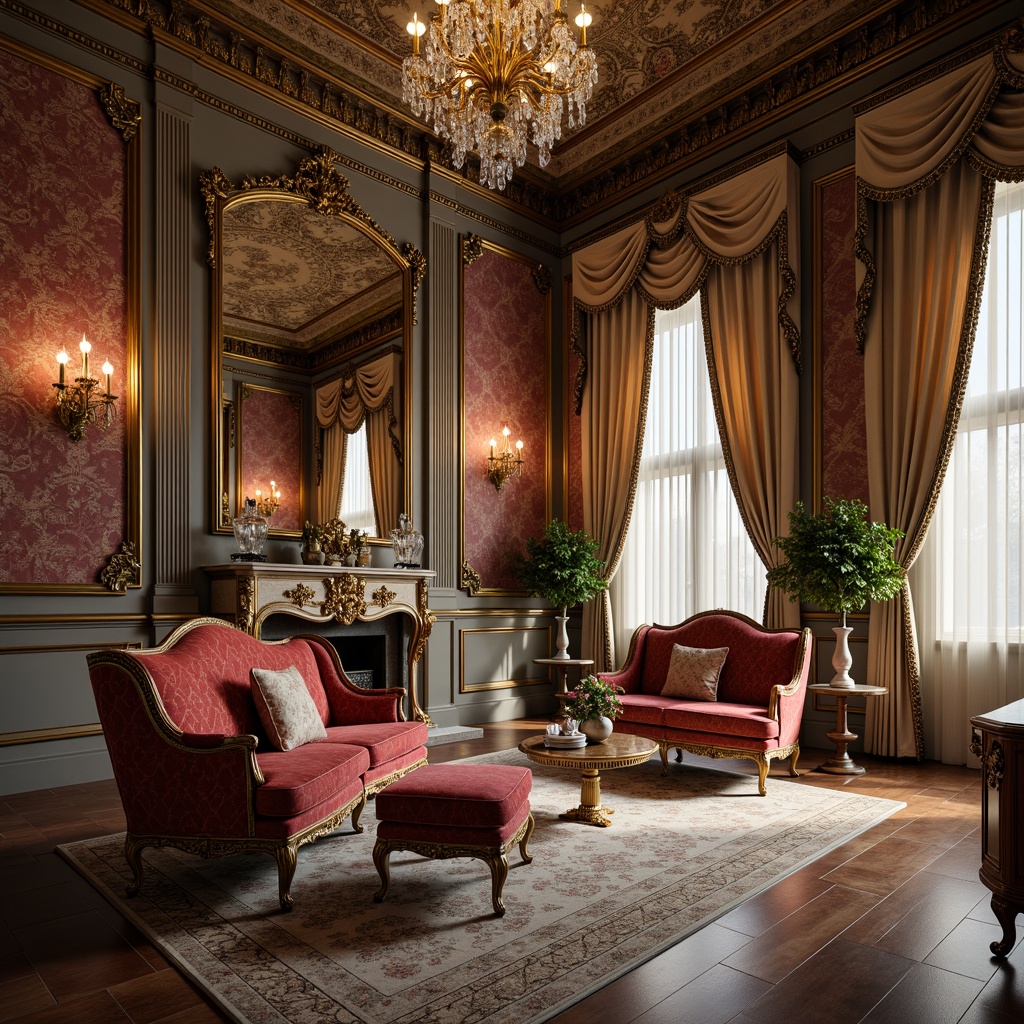 Prompt: Ornate Rococo-style furniture, intricately carved wooden frames, gilded accents, plush velvet upholstery, delicate lace patterns, crystal chandeliers, marble floors, lavish drapery, opulent textiles, golden hardware, curved silhouettes, luxurious seating areas, richly colored walls, soft warm lighting, shallow depth of field, 1/1 composition, realistic textures, ambient occlusion.