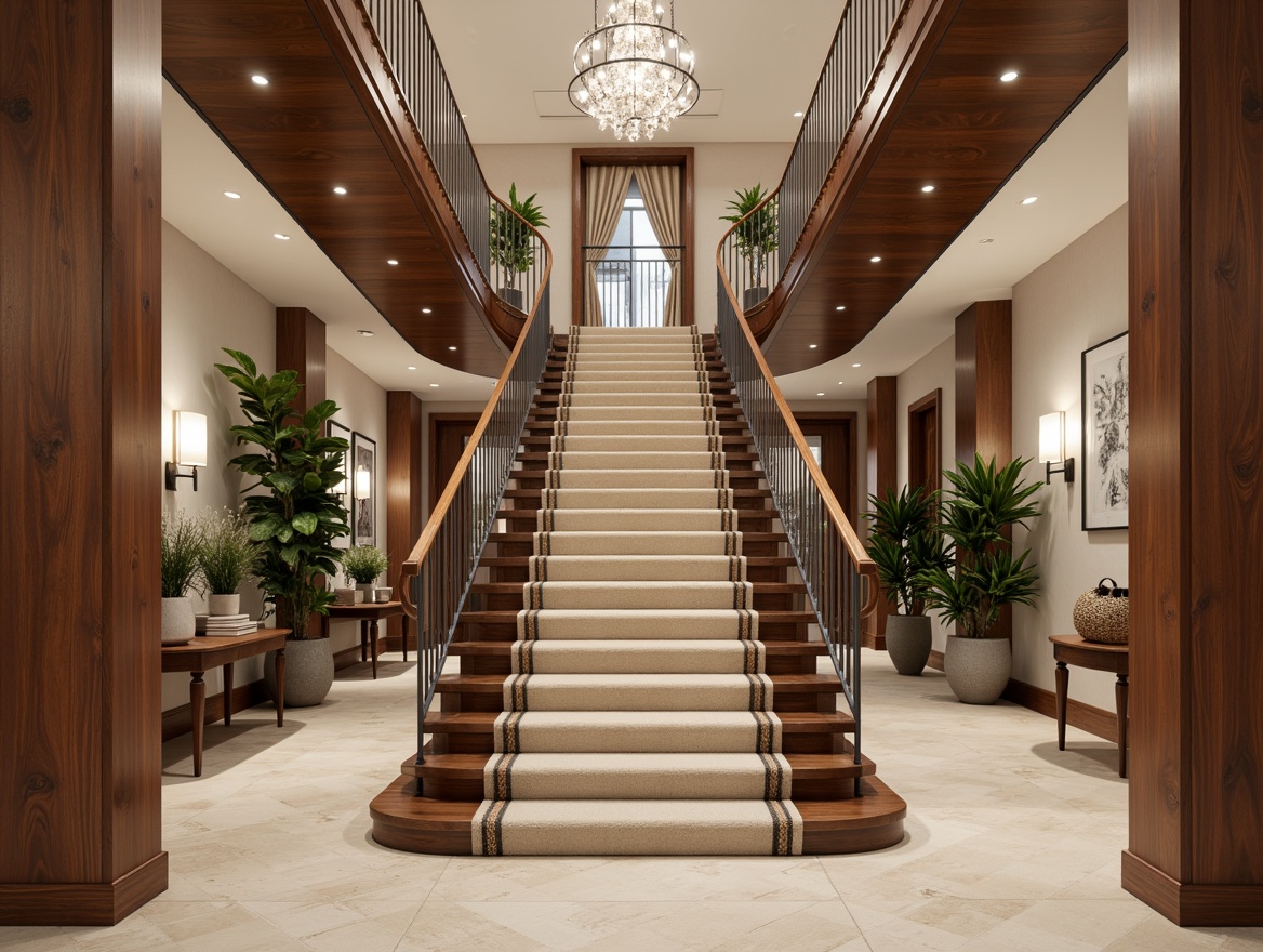 Prompt: Luxurious staircase, rich wood tones, warm beige carpeting, elegant metal railings, sophisticated neutral color palette, creamy whites, soft grays, taupe accents, lavish chandeliers, ornate newel posts, curved lines, opulent textures, dramatic lighting effects, atmospheric shadows, 1/2 composition, medium shot, realistic renderings.