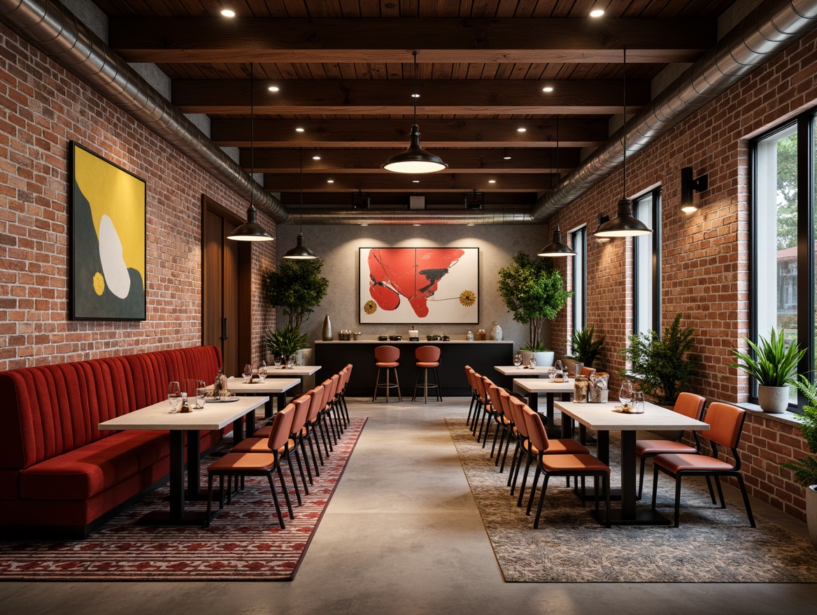 Prompt: Industrial-chic restaurant interior, exposed brick walls, rough-hewn wooden accents, polished concrete floors, metallic ceiling fixtures, modern pendant lighting, sleek minimalist tables, plush velvet upholstery, vibrant abstract artwork, geometric patterned rugs, warm atmospheric ambiance, softbox lighting, 1/1 composition, shallow depth of field, realistic textures, ambient occlusion.