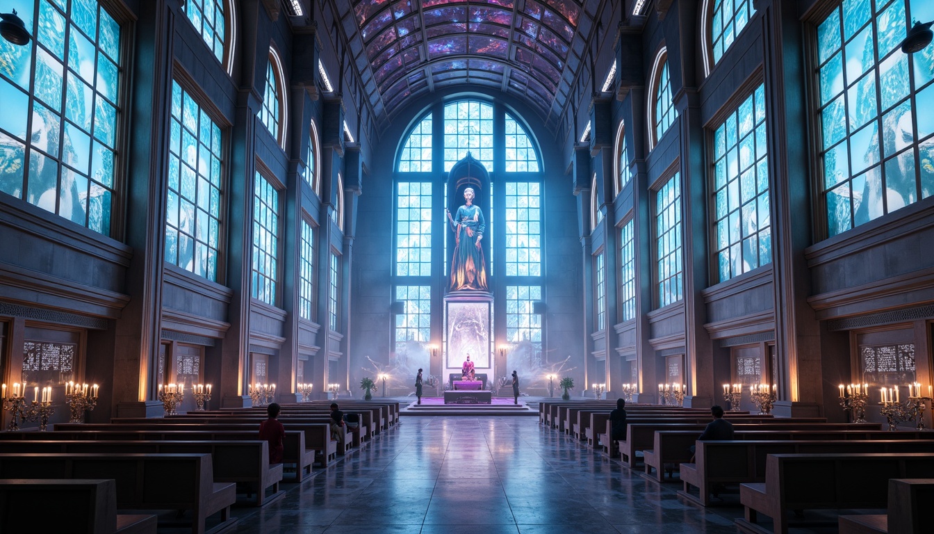 Prompt: Ethereal cathedral, futuristic stained glass windows, iridescent mosaics, holographic altar, sleek metallic pews, levitating candlesticks, ambient neon lighting, atmospheric fog, sacred geometrical patterns, cryptic hieroglyphics, minimalist ornate details, translucent domes, shimmering aurora-inspired ceilings, gleaming chrome accents, luminescent flooring, 3D projection mapping, panoramic vistas, surreal dreamlike ambiance, soft focus blur, cinematic composition.