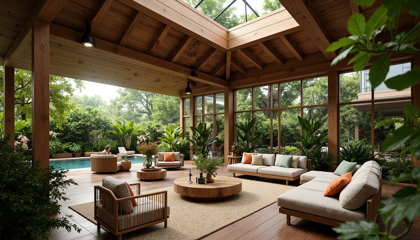 Prompt: Tropical interior design, lush greenery, natural materials, wooden accents, rattan furniture, woven textiles, earthy color palette, warm ambient lighting, large windows, sliding glass doors, clerestory windows, high ceilings, open-plan living space, minimal decor, potted plants, botanical prints, vibrant tropical flowers, soft diffused light, shallow depth of field, 1/1 composition, panoramic view, realistic textures, ambient occlusion.