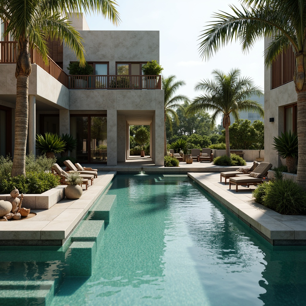 Prompt: Luxurious swimming pool, bronze accents, ornate fountains, water features, LED lighting, turquoise water, natural stone surroundings, modern architecture, sleek lines, minimalist design, tropical plants, palm trees, sunny day, warm ambiance, shallow depth of field, 1/1 composition, realistic textures, ambient occlusion.