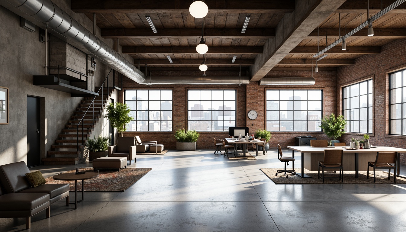 Prompt: Polished concrete floors, industrial chic aesthetic, exposed ductwork, steel beams, minimalist decor, functional simplicity, neutral color palette, natural light pouring in, large factory windows, metal staircase, reclaimed wood accents, vintage machinery, distressed brick walls, urban loft atmosphere, high ceilings, open space layout, flexible working areas, collaborative zones, modern office furniture, task lighting, pendant lamps, industrial-style pipes, raw concrete textures, gritty urban feel, dramatic shadows, low-angle photography, 1/1 composition, realistic rendering.