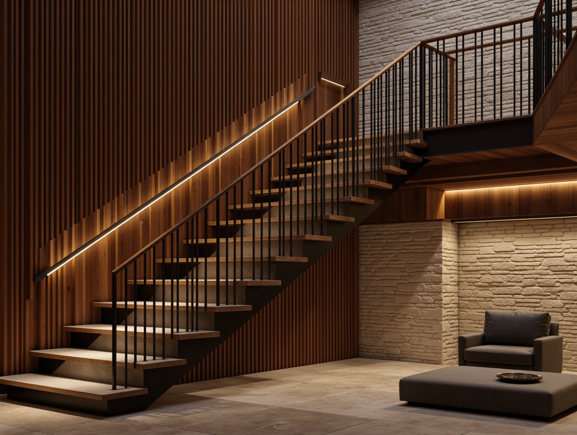 Prompt: Luxurious staircase, rich wood tones, polished metal handrails, soft carpeted steps, cold granite landings, warm ambient lighting, dramatic shadow effects, high-contrast textures, modern minimalist design, sleek lines, open risers, floating treads, cantilevered stairs, geometric patterns, natural stone walls, industrial-chic aesthetic, urban loft atmosphere, shallow depth of field, 1/1 composition, realistic renderings, ambient occlusion.