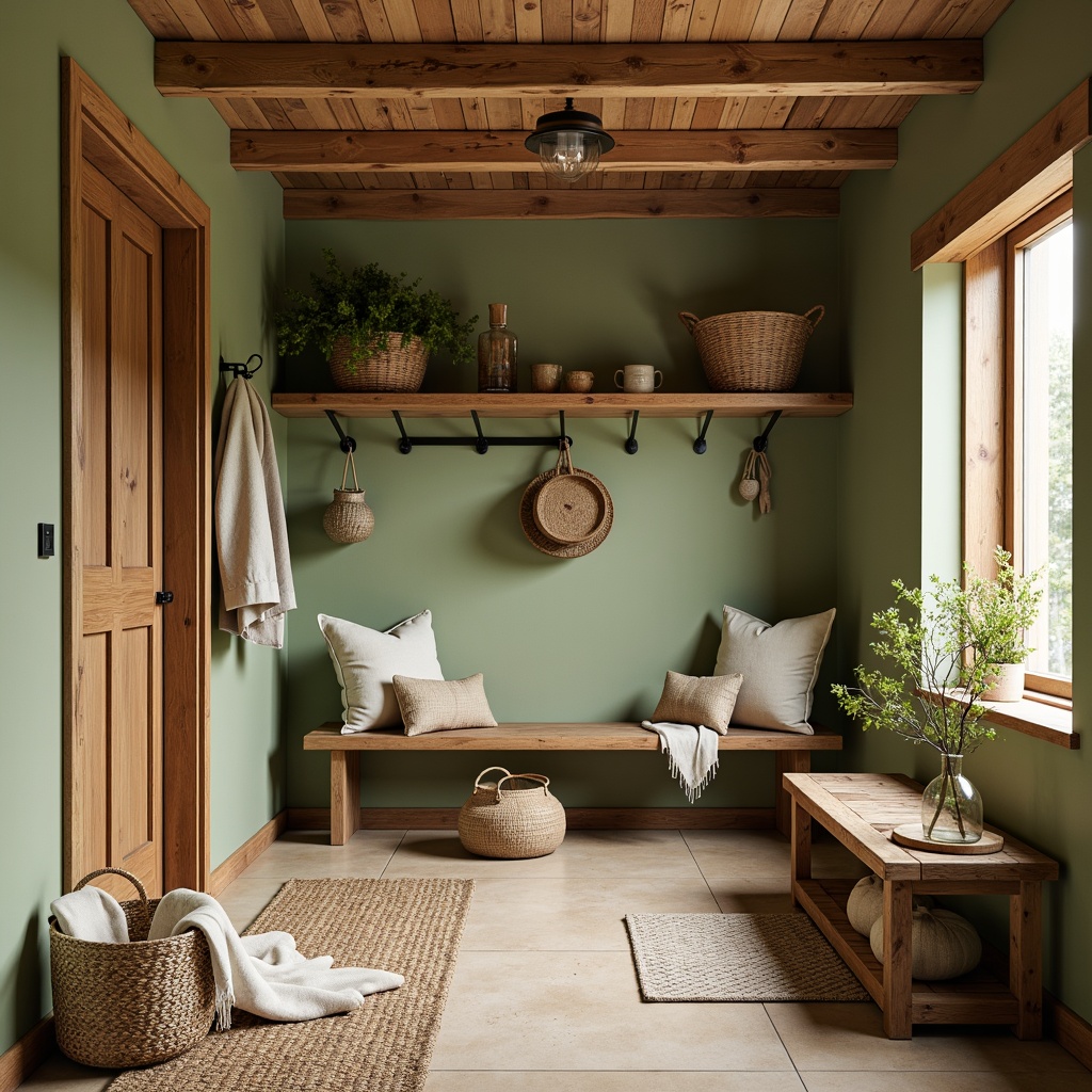 Prompt: Cozy mudroom, warm earthy tones, natural wood accents, rustic metal hooks, woven baskets, plush area rugs, comfortable seating, soft warm lighting, calming atmosphere, nature-inspired color scheme, sage green walls, sandy beige floors, weathered wood furniture, distressed metal decor, organic textures, warm neutral shades, inviting ambiance, functional storage solutions.