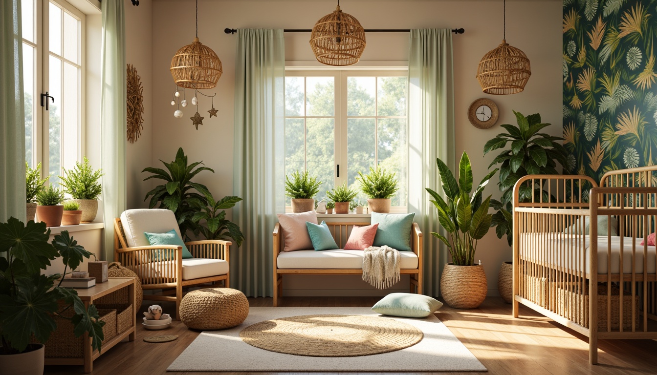 Prompt: Vibrant tropical nursery, warm sunny day, soft diffused lighting, floor lamps with rattan shades, table lamps with palm tree shapes, string lights with seashell accents, LED lights with ocean blue hues, cozy reading nook with warm task lighting, natural textiles, woven bamboo furniture, rattan crib with soft canopies, tropical leaf patterns, pastel colors, creamy whites, soothing greenery, potted plants, hanging ferns, jungle-inspired wallpaper, whimsical mobiles with seashell and starfish decorations, gentle breeze effect, shallow depth of field, 3/4 composition, warm color temperature, realistic textures.