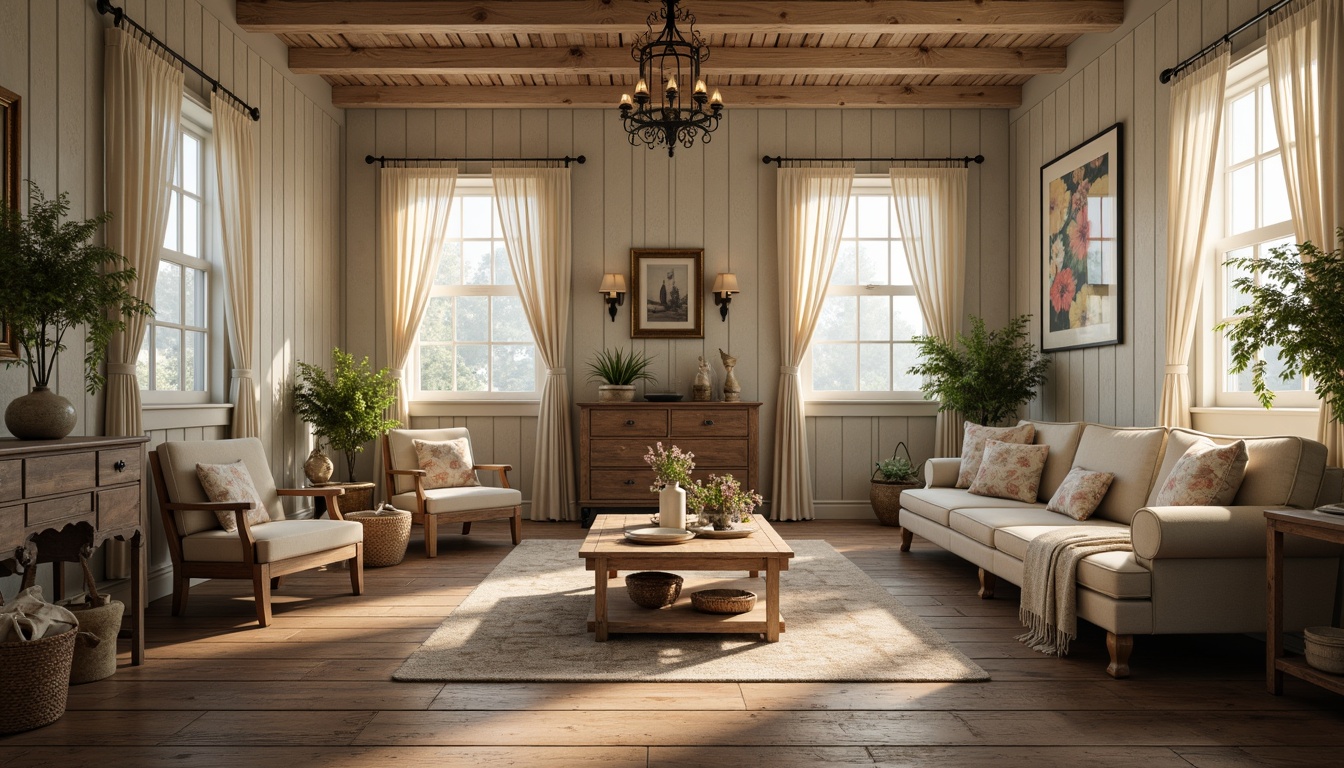 Prompt: Distressed wooden floors, vintage furniture, soft pastel hues, warm candlelight, rustic metal lanterns, ornate chandeliers, delicate lace curtains, floral patterns, distressed finishes, creamy whites, weathered wood tones, cozy throw blankets, plush rugs, softbox lighting, warm ambient glow, low-key backlighting, intimate atmosphere, romantic ambiance.