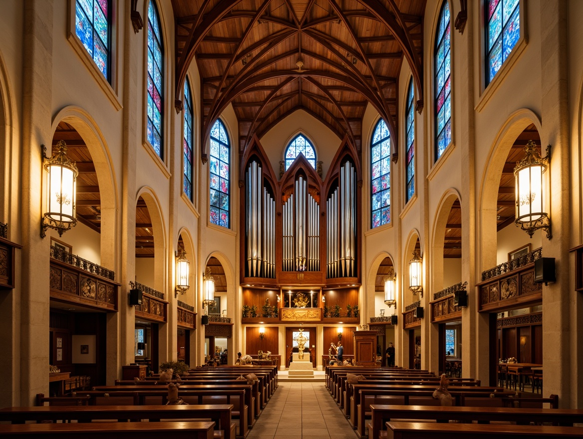 Prompt: Sacred church interior, warm beige stone walls, rich wood accents, stained glass windows, vibrant blue and red hues, golden lighting, ornate furnishings, intricate carvings, majestic pipe organs, solemn atmosphere, soft diffused light, high ceiling, grandeur architecture, traditional design, elegant chandeliers, subtle textures, realistic materials, detailed ornaments.